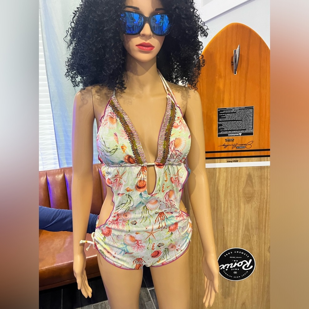 Printed swim dress with rhinestone decoration on the neckline